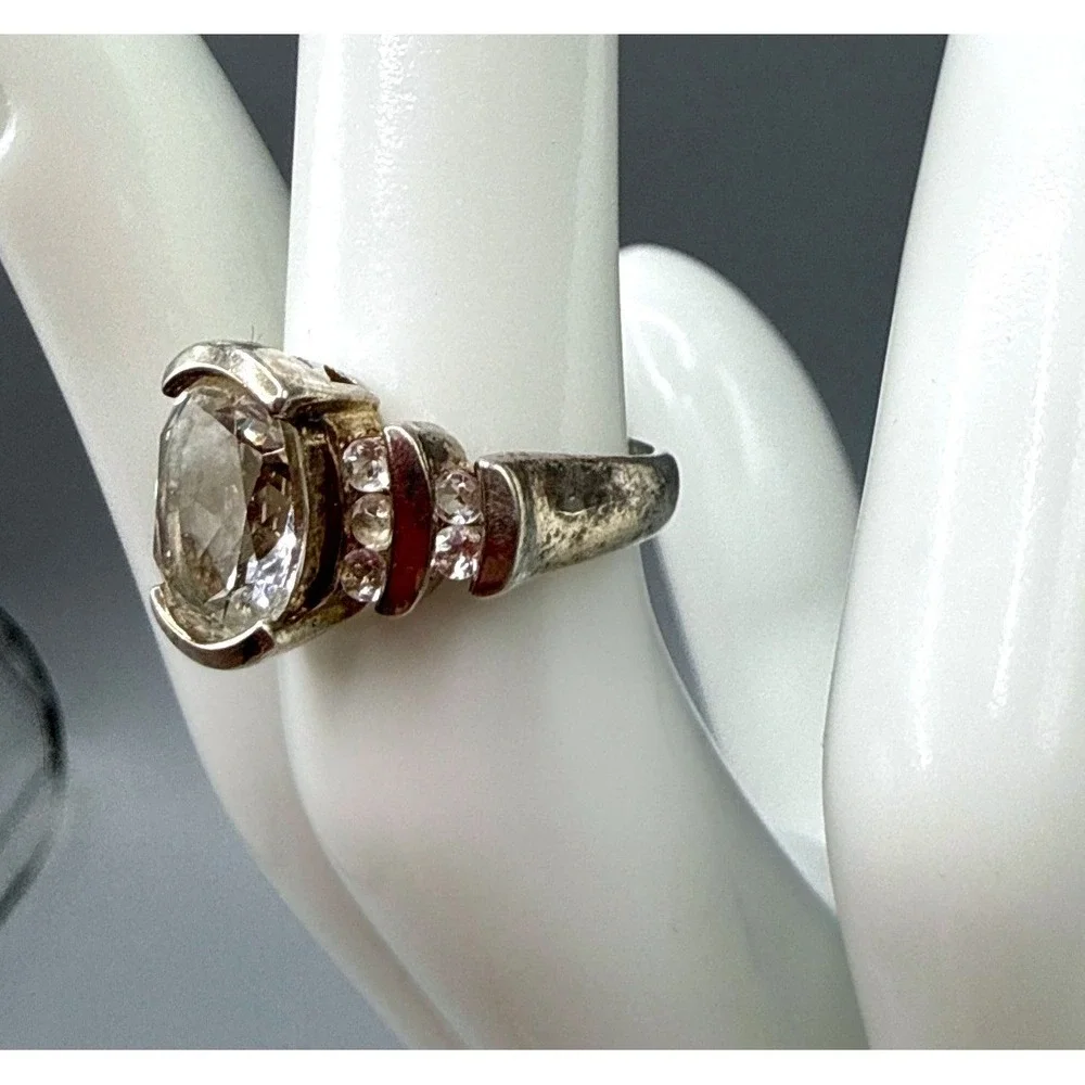 925 Sterling Silver Oval Clear Gemstone Statement Ring Size 4.5 4.19g - Picture 3 of 13
